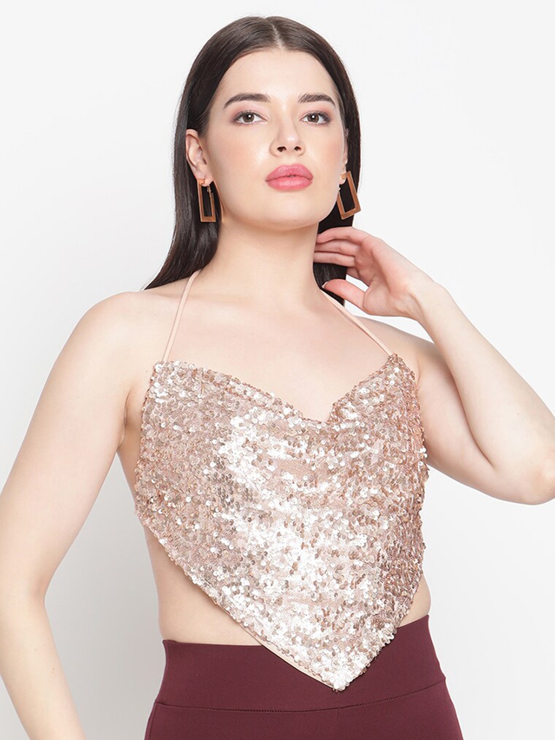 

Amagyaa Peach-Coloured Embellished Sweetheart Neck Net Top