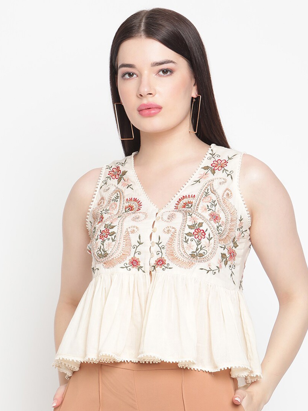 

Amagyaa Women Beige Floral Bohemian Peplum Crop Top