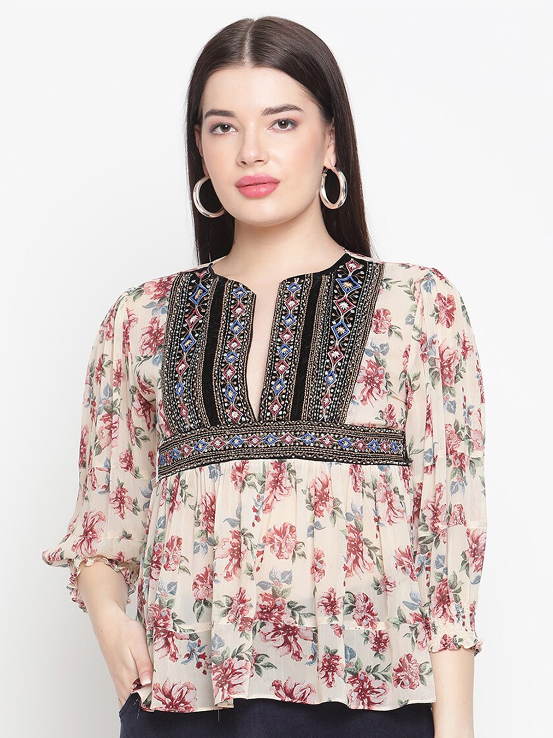 

Amagyaa Cream-Coloured & Red Floral Printed Bohemian Georgette Top
