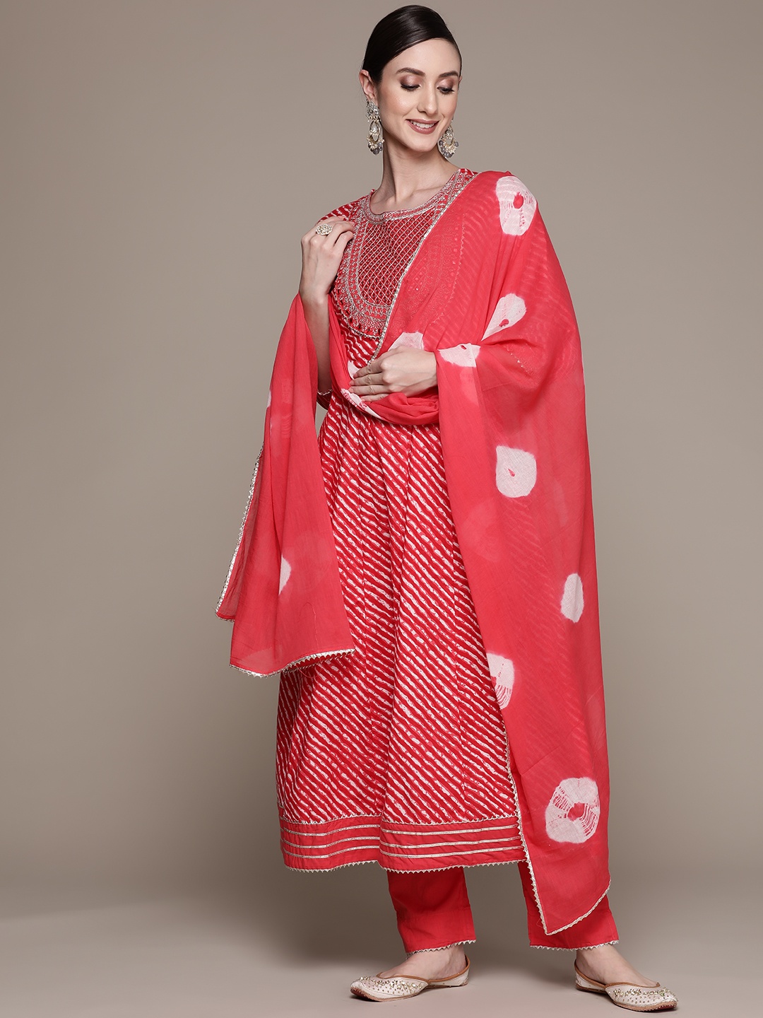 

Ishin Women Red Leheriya Printed Pleated Mirror Work Kurta with Trousers & With Dupatta