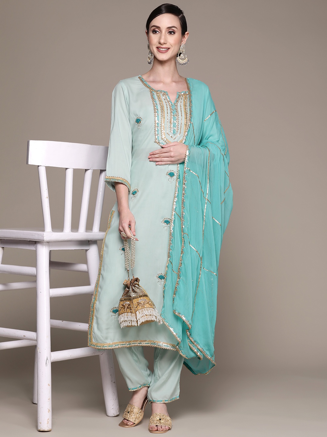 

Ishin Women Blue Yoke Design Gotta Patti Kurta with Trousers & With Dupatta