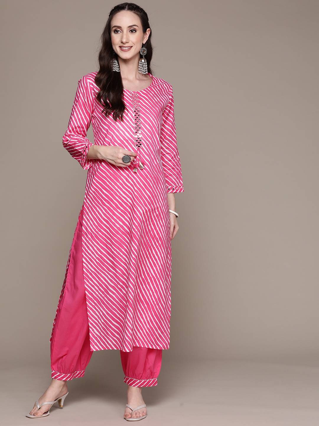 

Ishin Women Pink Leheriya Printed Yoke Design Mirror Work Kurta with Salwar