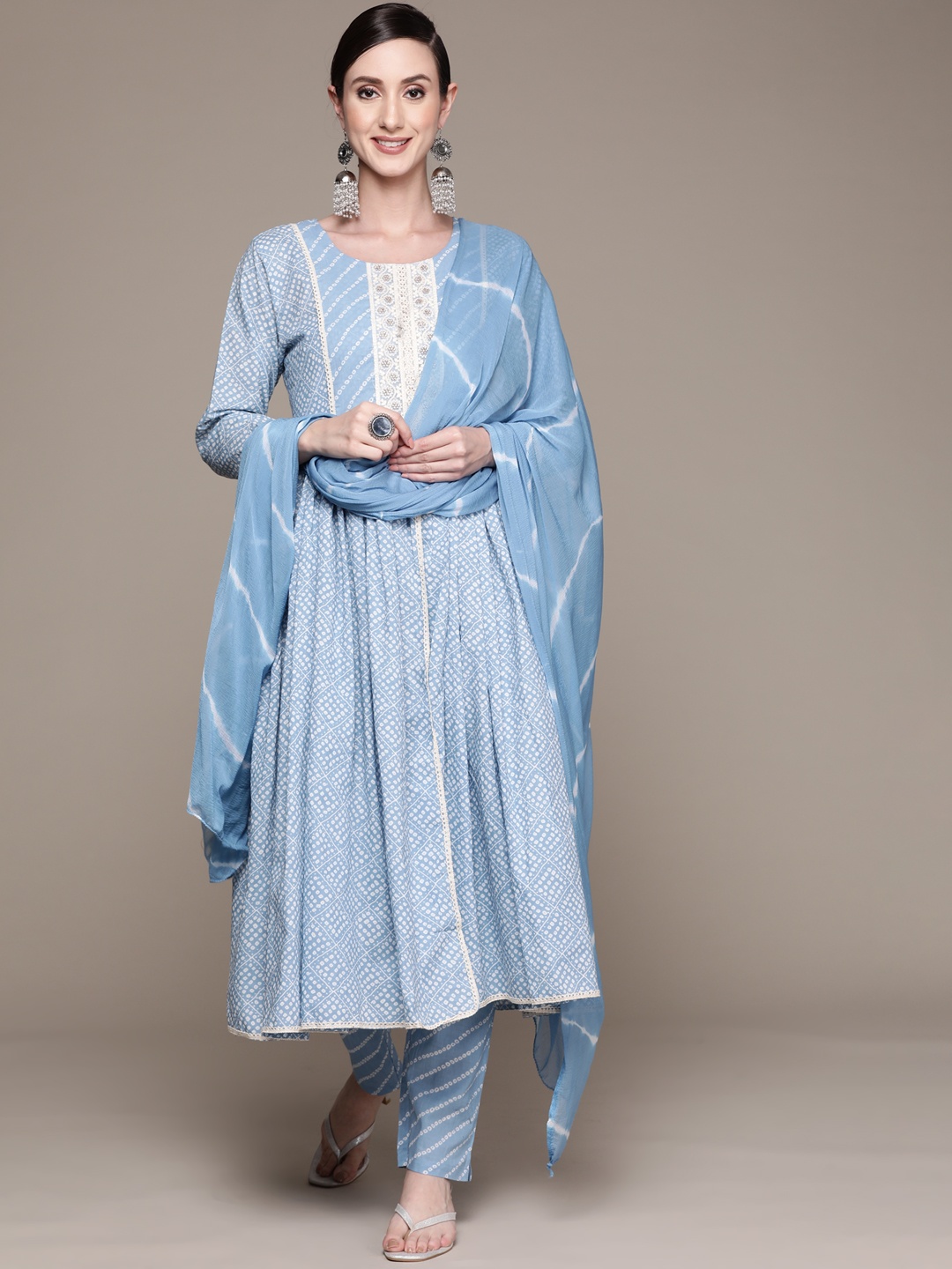 

Ishin Women Blue Bandhani Printed Pleated Kurta with Trousers & With Dupatta