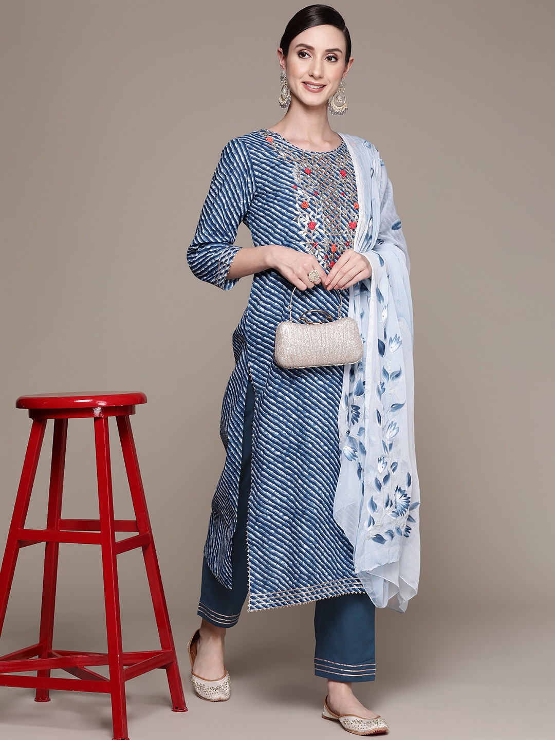 

Ishin Women Blue Leheriya Printed Gotta Patti Kurta with Trousers & With Dupatta