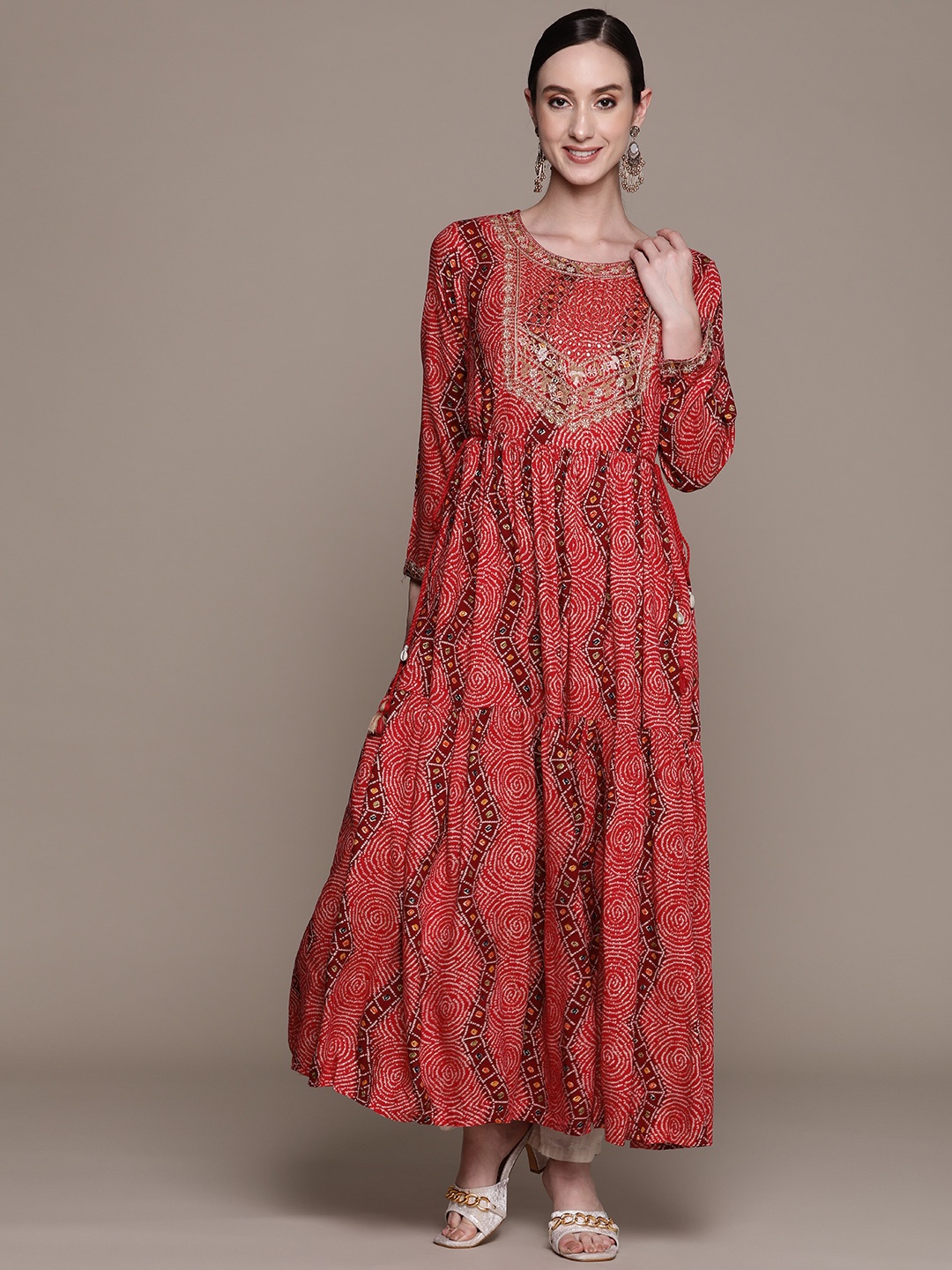

Ishin Women Red Bandhani Embroidered Mirror Work Anarkali Kurta