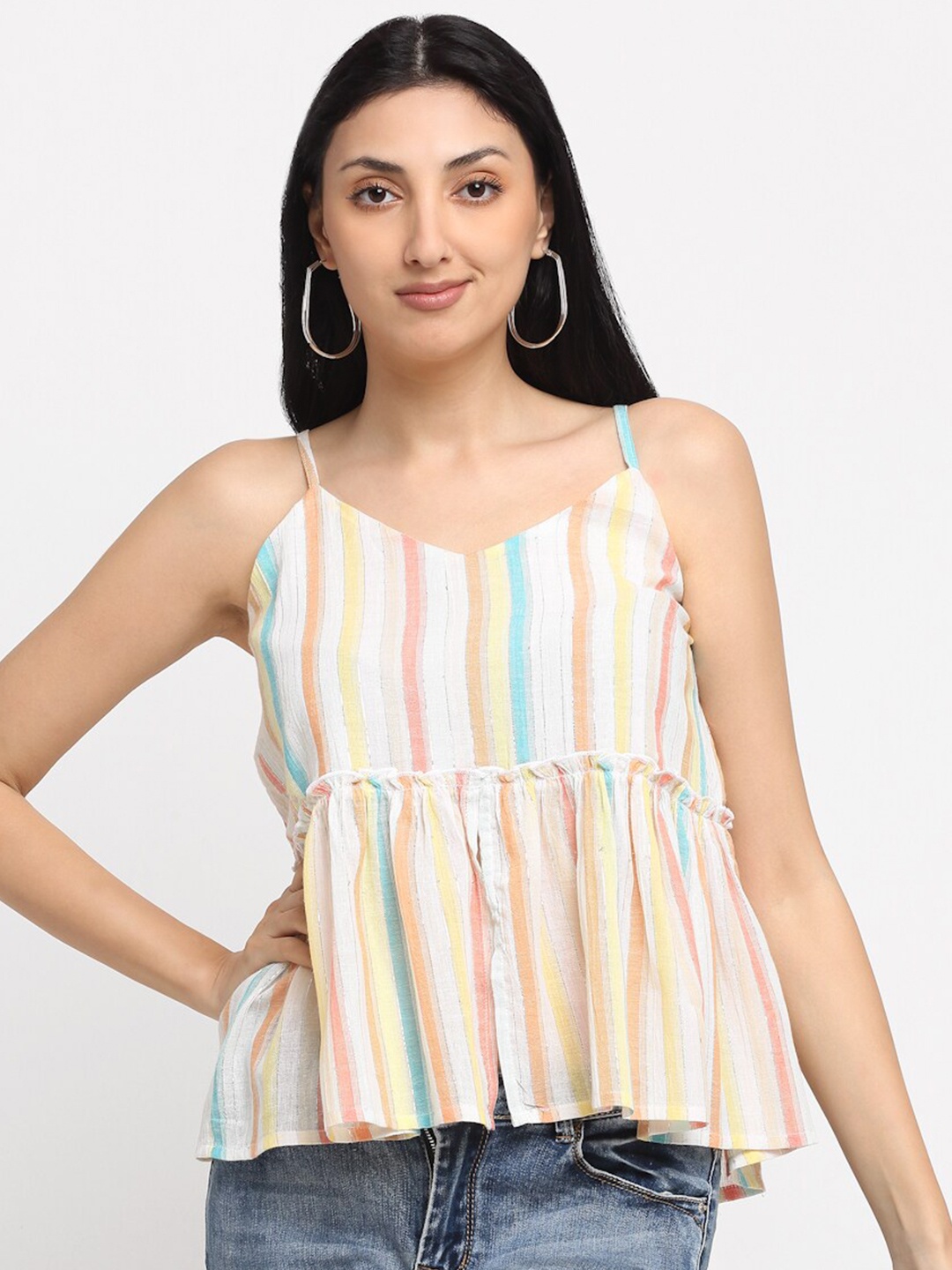 

NEUDIS Women Multicoloured Striped Peplum Pure Cotton Top, Multi