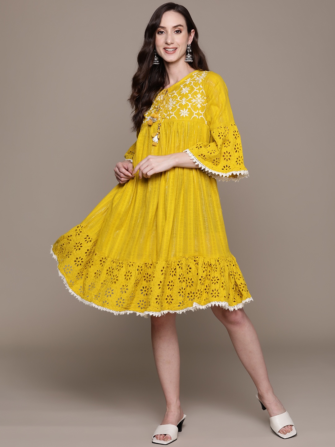 

Ishin Yellow Floral Embroidered Tie-Up Neck Cotton A-Line Dress