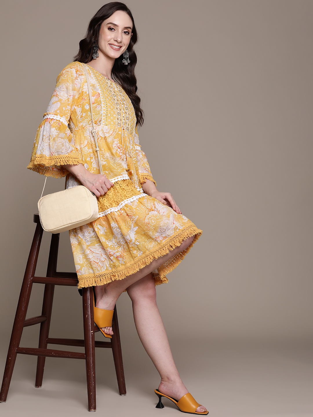 

Ishin Yellow Floral Embroidered A-Line Dress