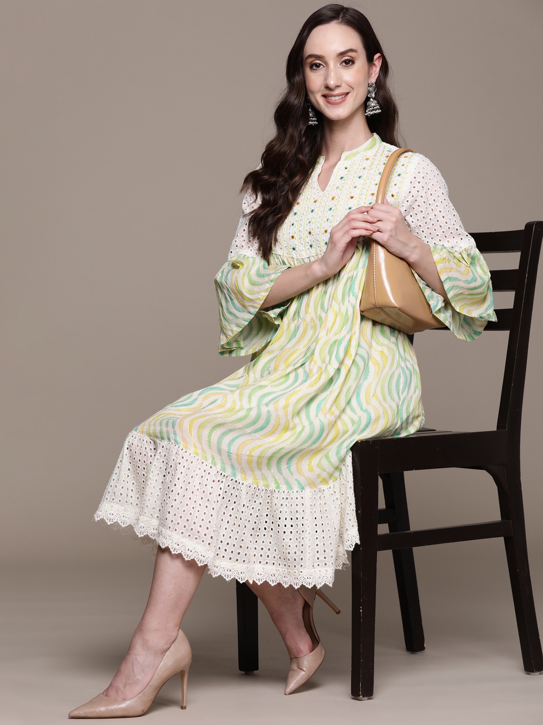 

Ishin White & Green Ethnic Motifs Embroidered Cotton A-Line Dress