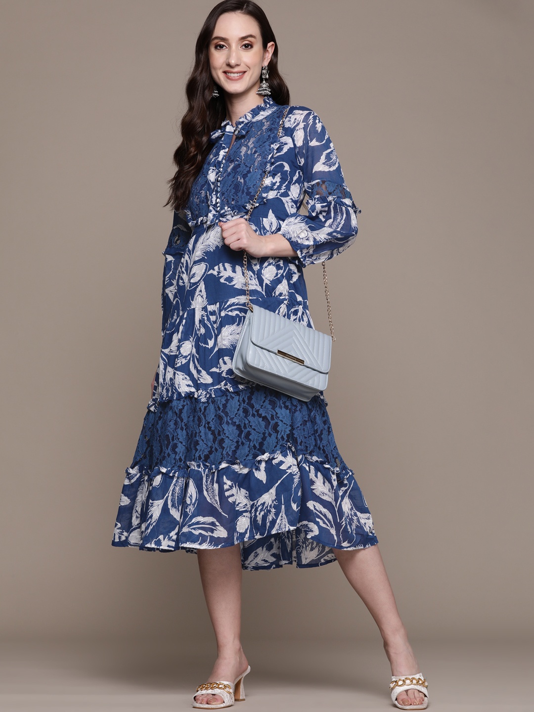 

Ishin Blue & White Floral Tie-Up Neck Cotton A-Line Midi Dress