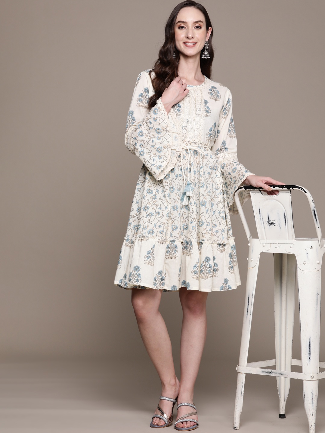 

Ishin Off White & Blue Floral Cotton A-Line Dress