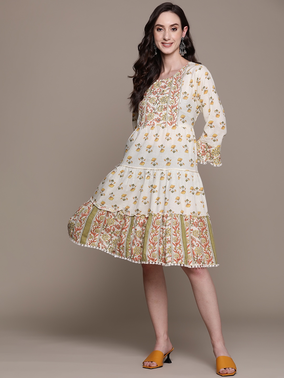 

Ishin Off White & Beige Floral Cotton A-Line Dress