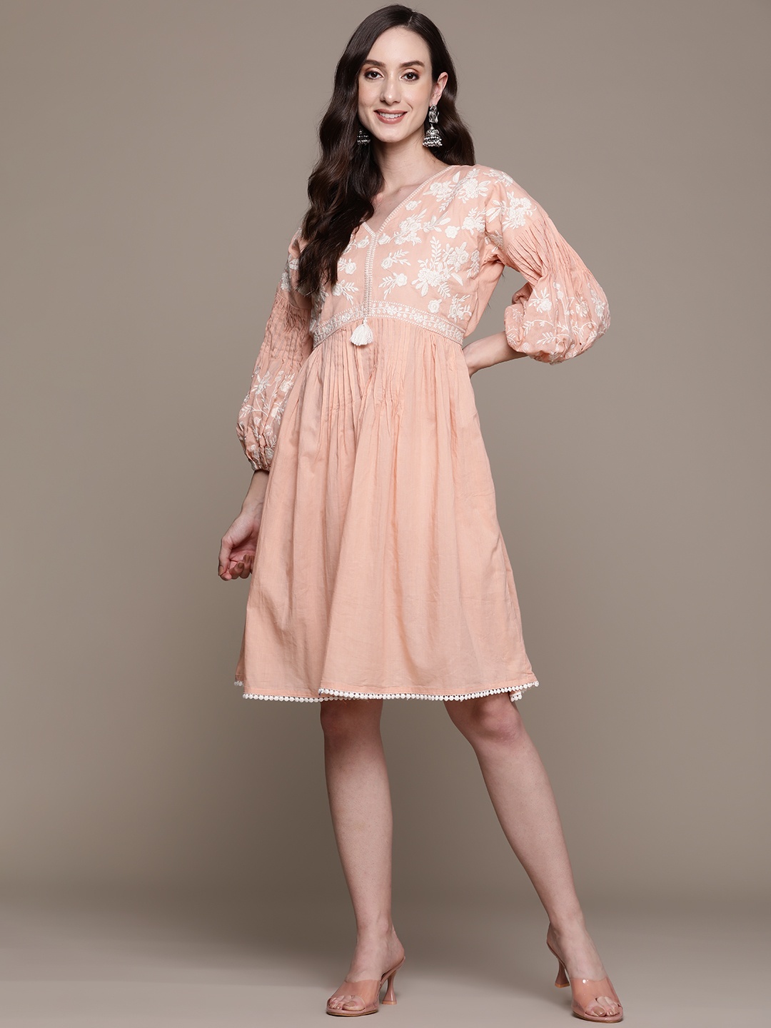 

Ishin Peach-Coloured & White Floral Embroidered Cotton A-Line Dress