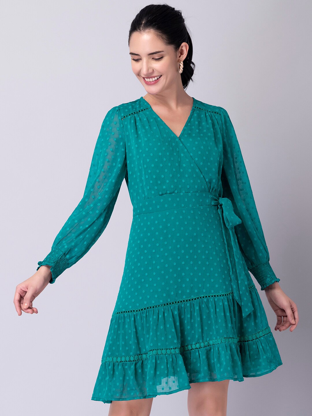 

FabAlley Green Georgette Ruffled Wrap Dress