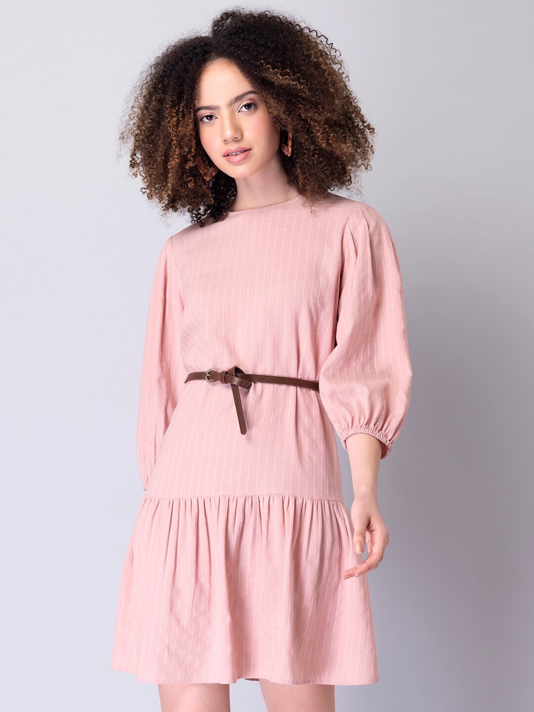 

FabAlley Peach-Coloured Striped Cotton A-Line Dress