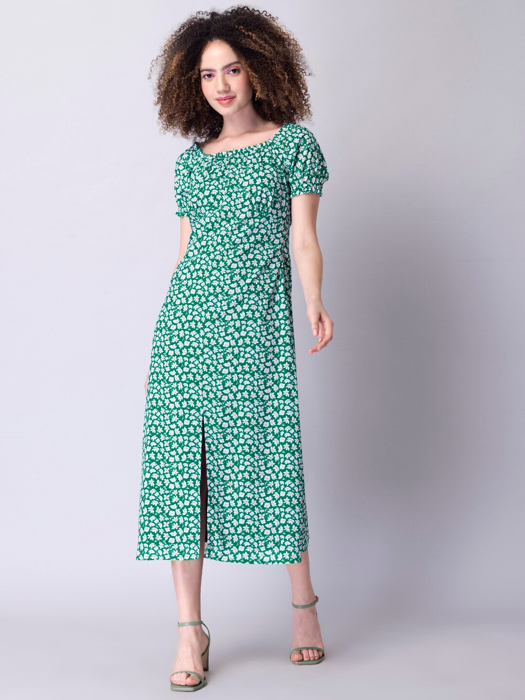 

FabAlley Green & White Floral Georgette A-Line Midi Dress