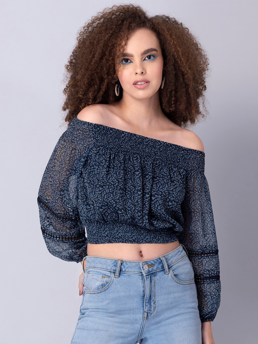 

FabAlley Women Blue Print Off-Shoulder Georgette Bardot Crop Top