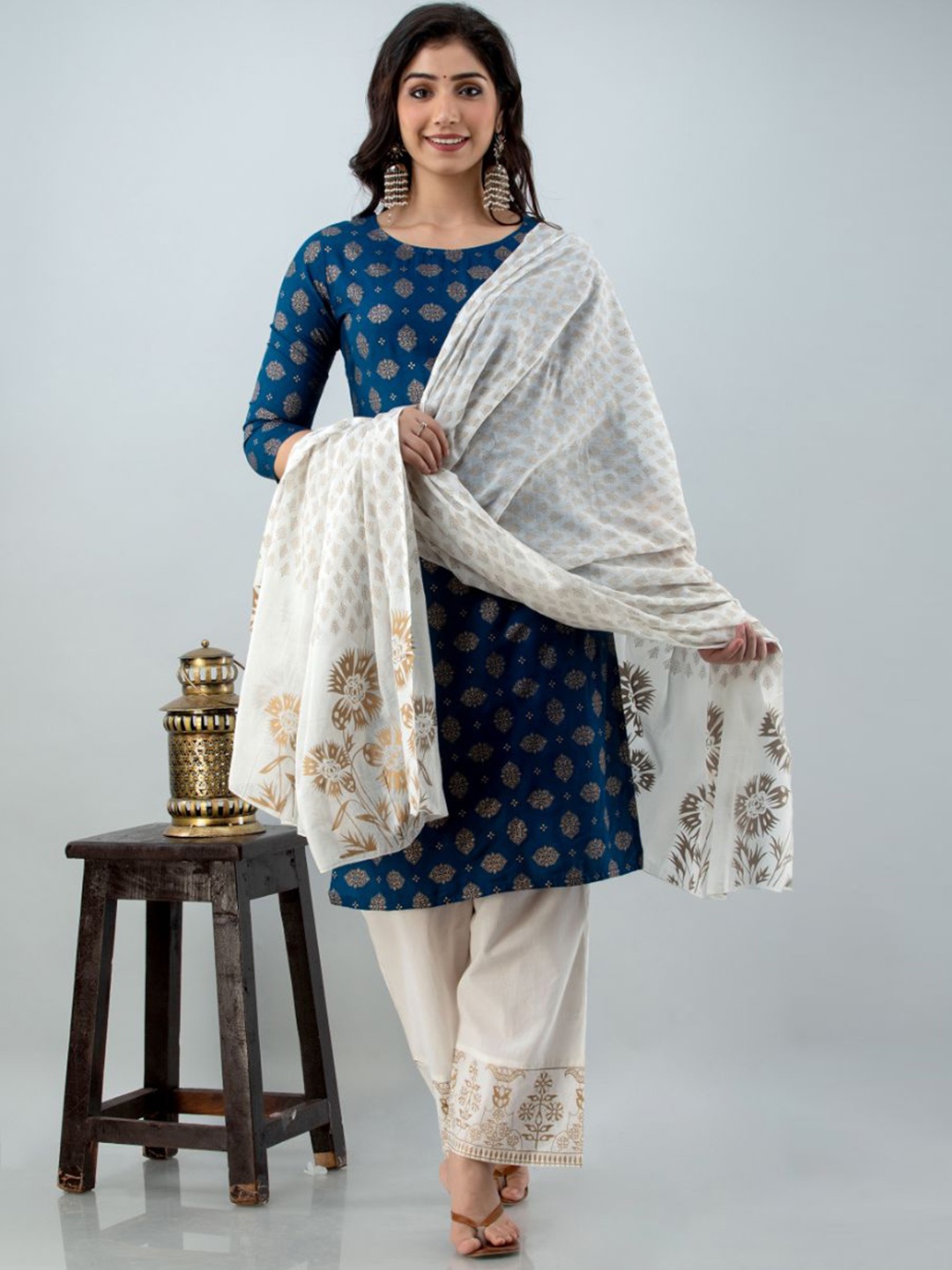 

Lovista Women Blue Ethnic Motifs Printed Kurti with Palazzos & With Dupatta