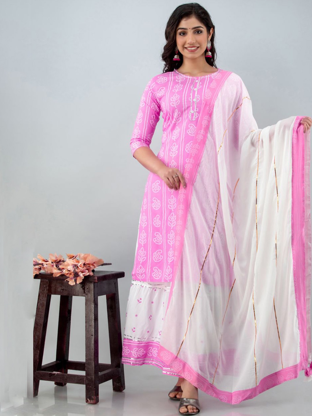 

Lovista Women Pink Ethnic Motifs Printed Kurta with Skirt & With Dupatta