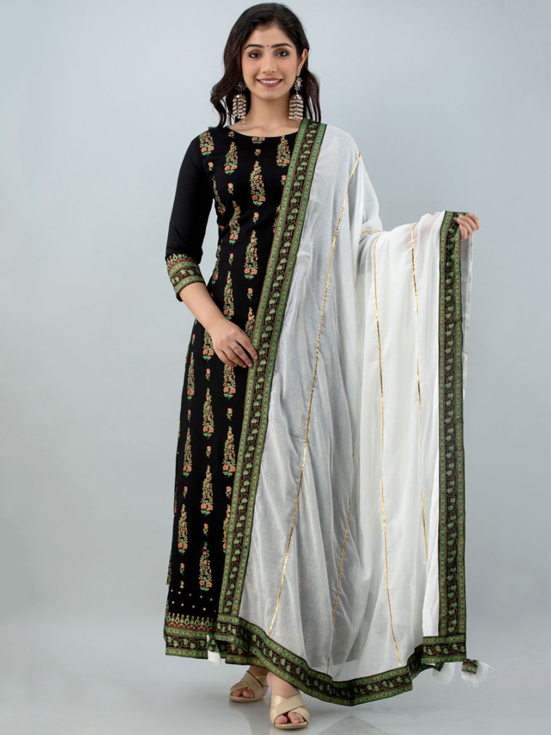 

Lovista Women Black Ethnic Motifs Printed Kurta with Skirt & With Dupatta