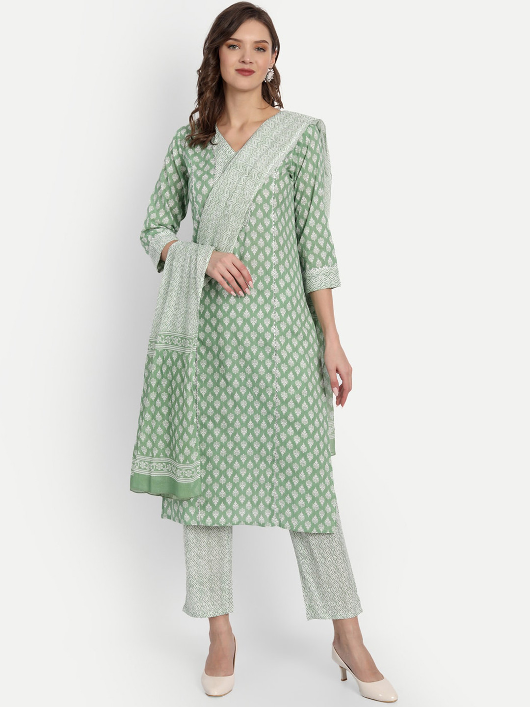 

Lovista Women Green Ethnic Motifs Printed Panelled Pure Cotton Kurta with Trousers & With Dupatta