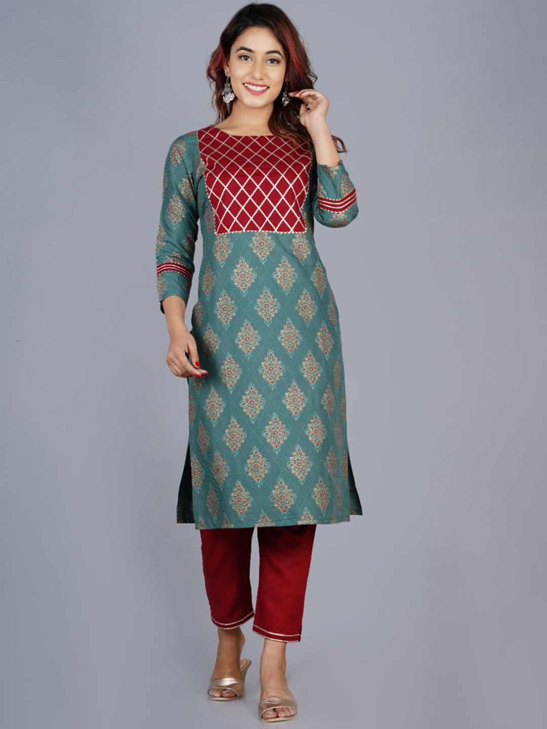 

Lovista Women Green Ethnic Motifs Kurti Trousers with Dupatta