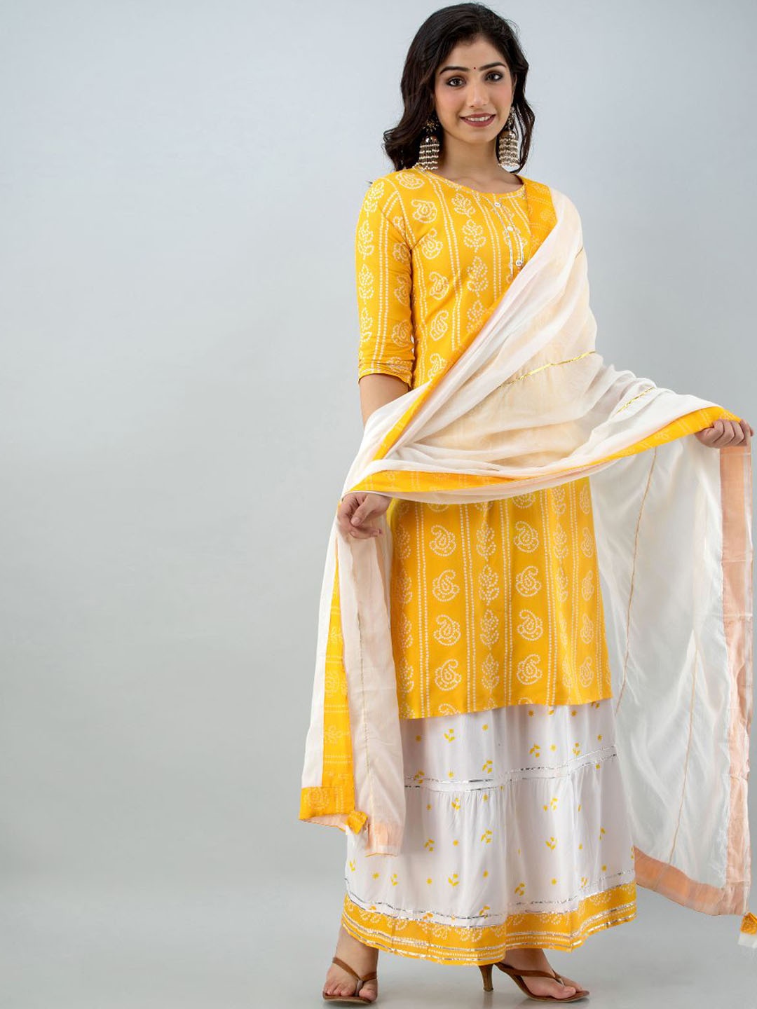 

Lovista Women Yellow Floral Printed Kurta with Skirt & With Dupatta