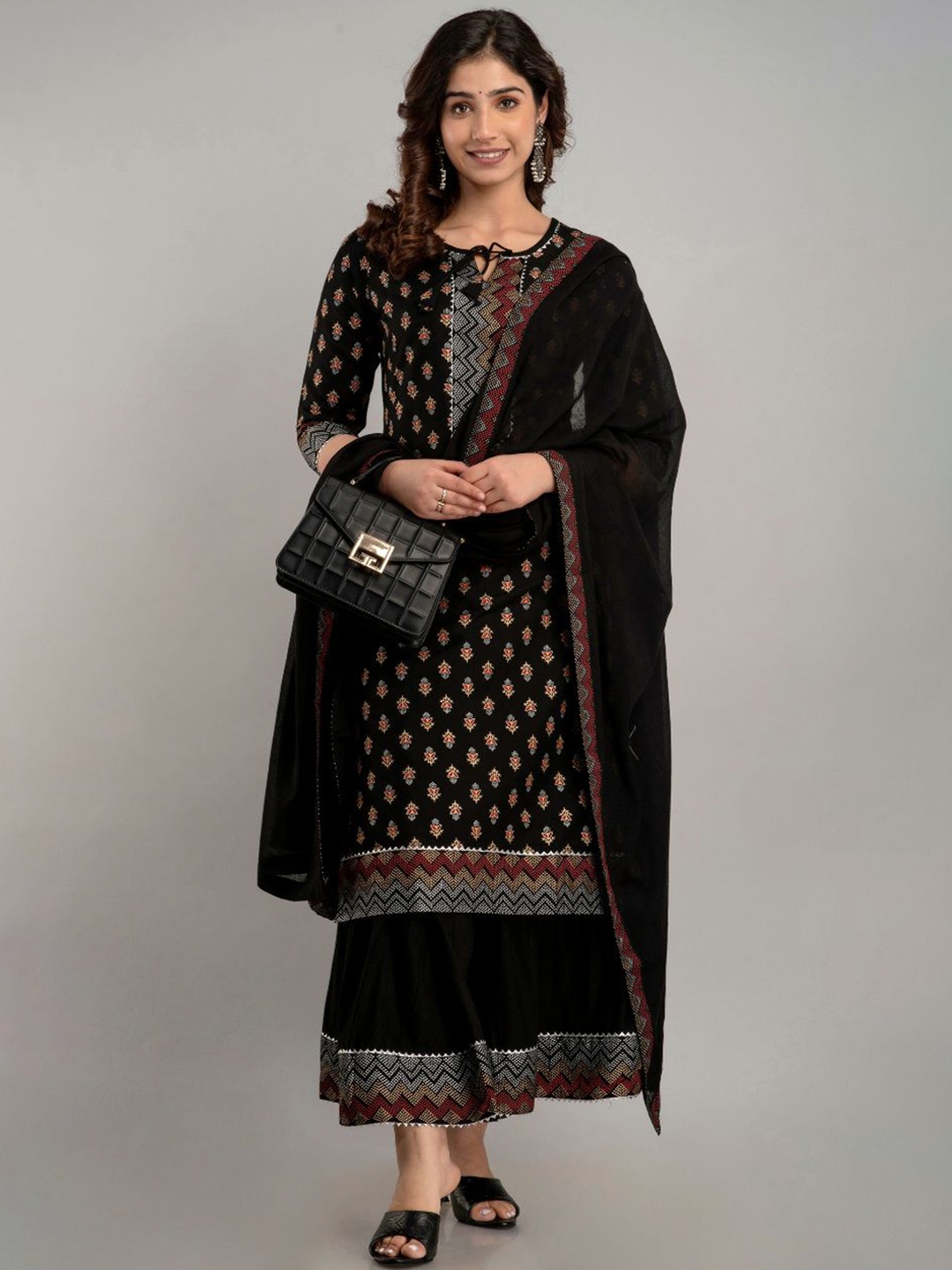 

Lovista Women Black Ethnic Motifs Kurta with Skirt & With Dupatta