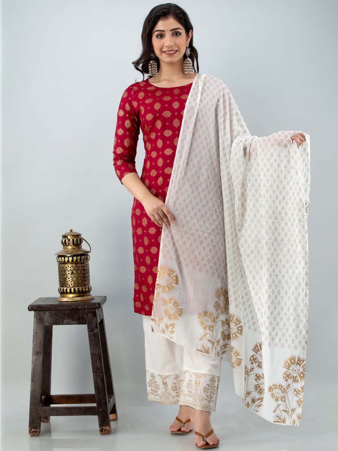 

Lovista Women Red Ethnic Motifs Printed Kurta with Trousers & With Dupatta