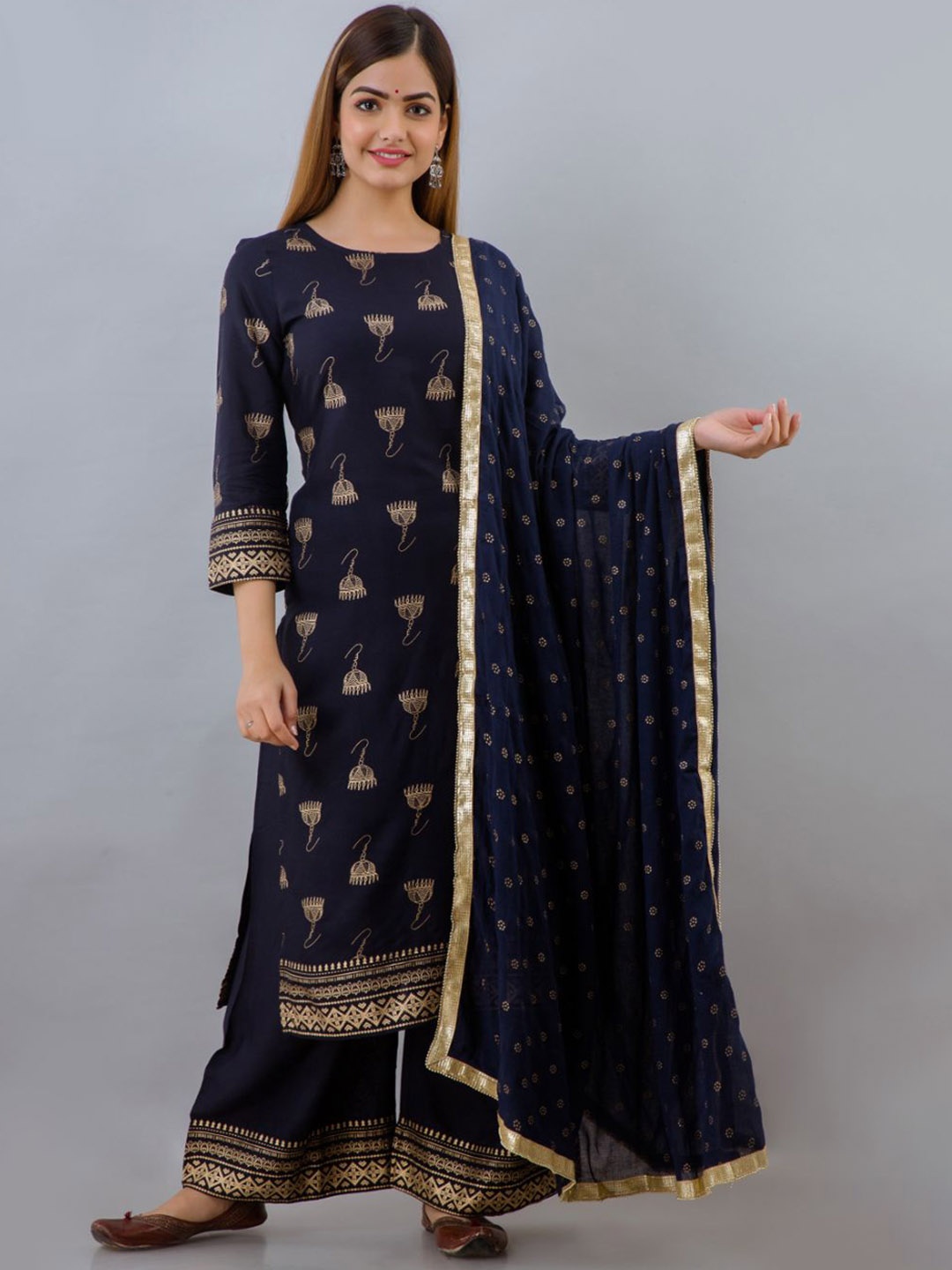 

Lovista Women Navy Blue Ethnic Motifs Printed Kurti With Palazzo & Dupatta