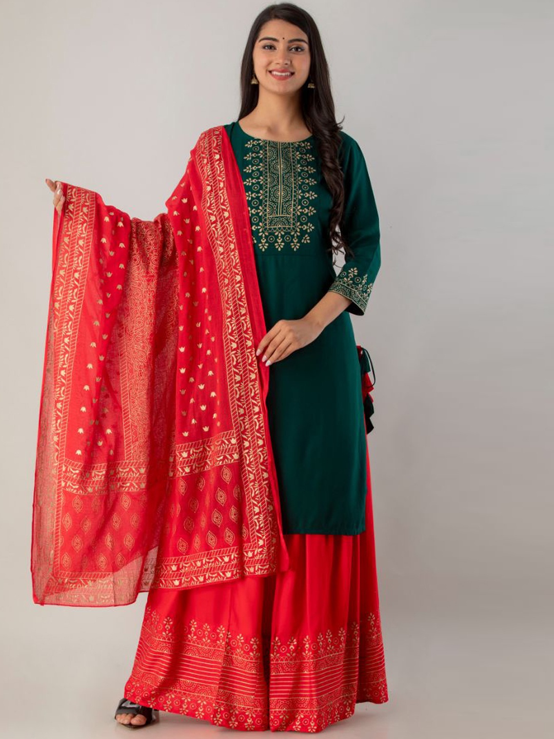 

Lovista Women Green Ethnic Motifs Embroidered Kurti with Sharara & With Dupatta