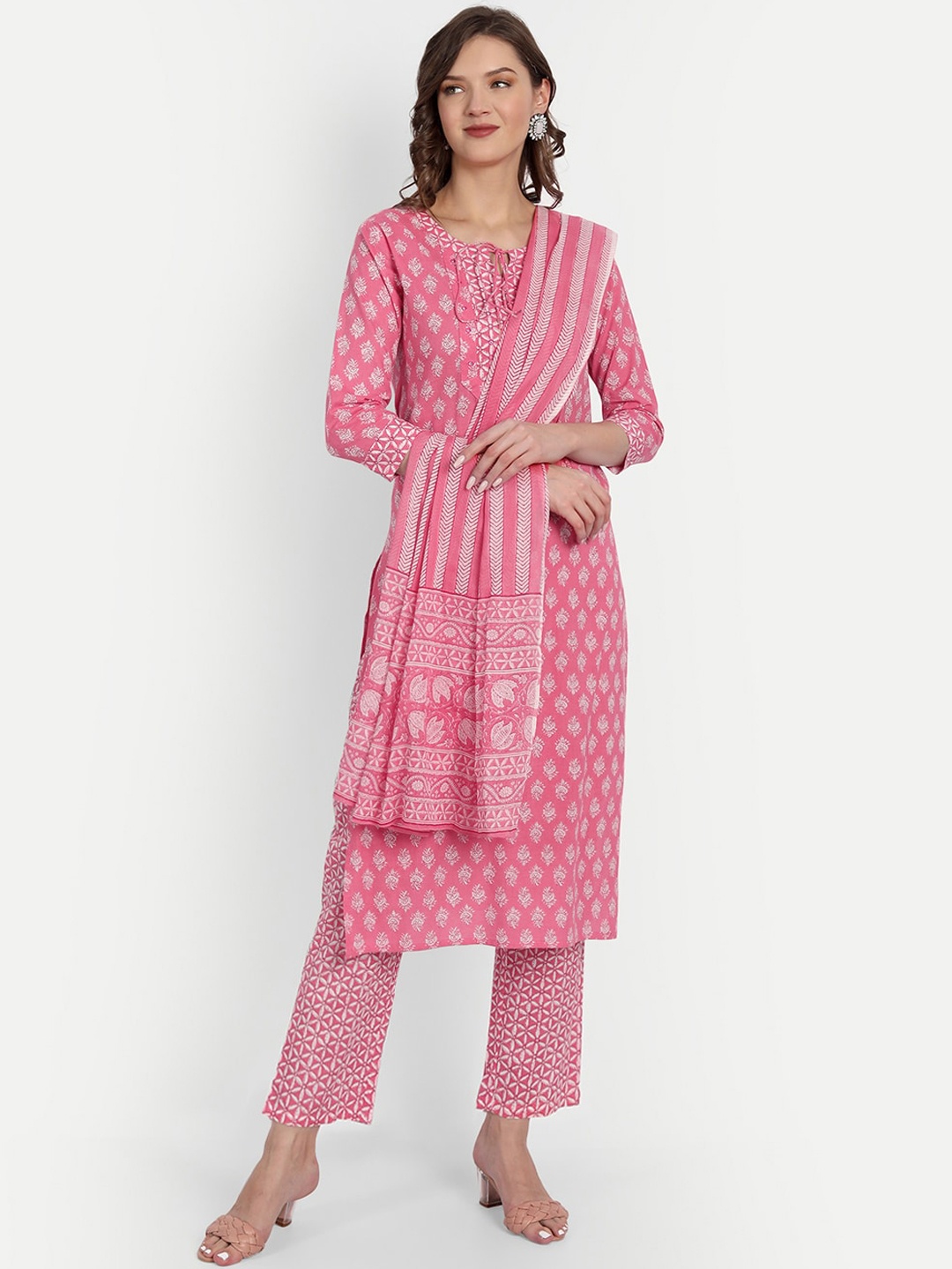 

Lovista Women Pink Ethnic Motifs Printed Pure Cotton Kurta with Trousers & With Dupatta