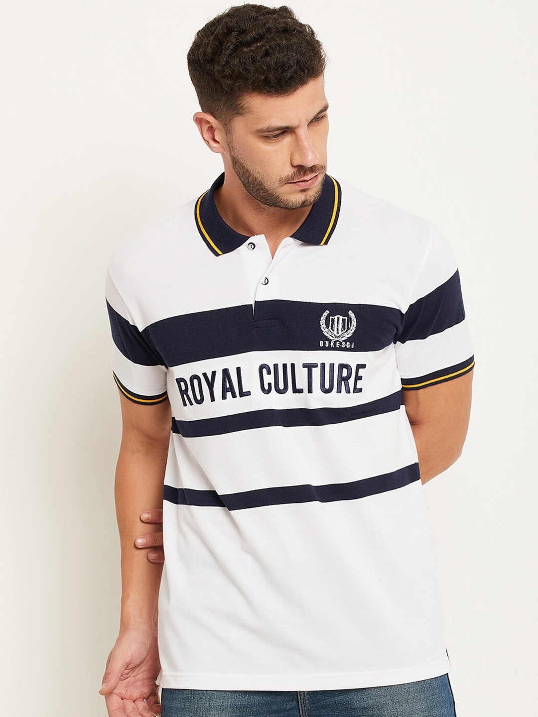 

Duke Men Blue & White Typography Striped Polo Collar Slim Fit T-shirt