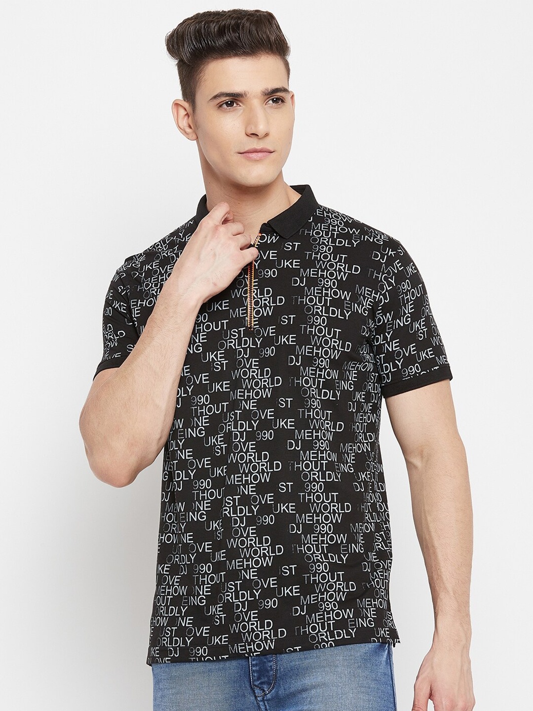 

Duke Men Black Typography Printed Polo Collar Slim Fit Cotton T-shirt