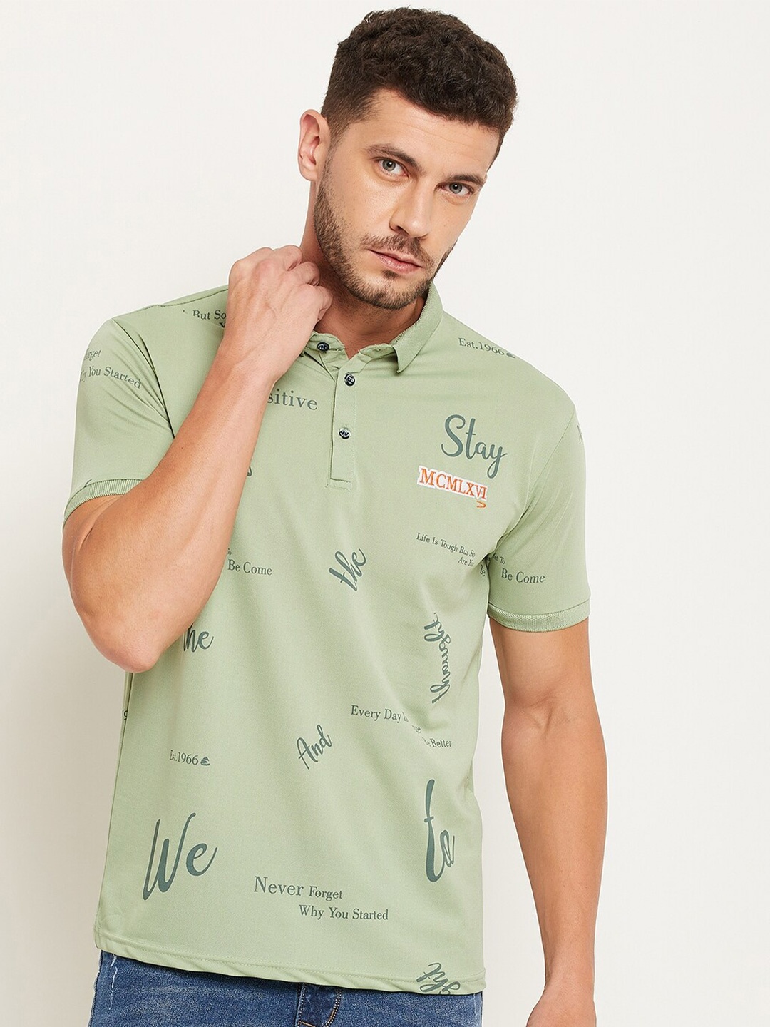 

Duke Men Green Typography Printed Polo Collar Slim Fit Cotton T-shirt