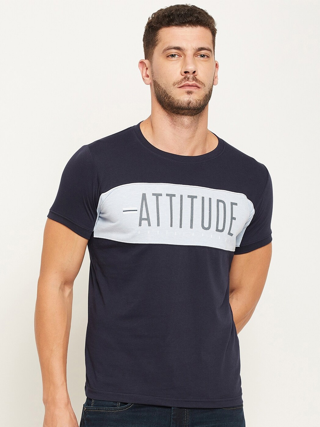 

Duke Men Navy Blue Typography Printed Slim Fit T-shirt