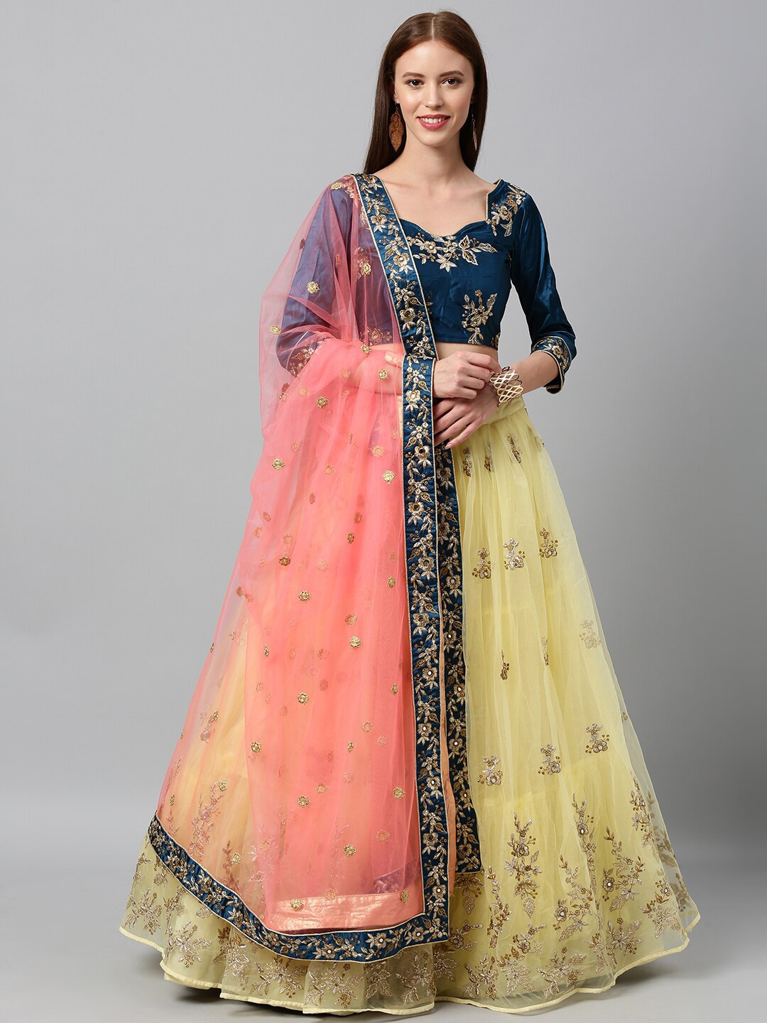 

panchhi Yellow & Navy Blue Embellished Sequinned Semi-Stitched Lehenga & Unstitched Blouse With Dupatta