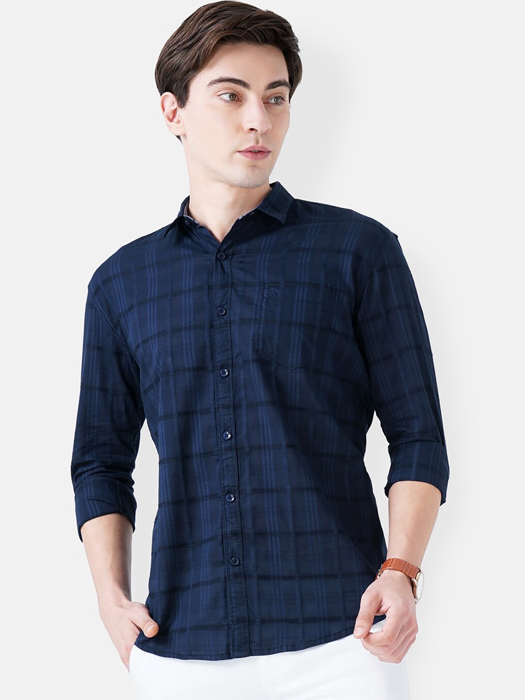 

SORATIA Men Navy Blue Slim Fit Checked Casual Shirt