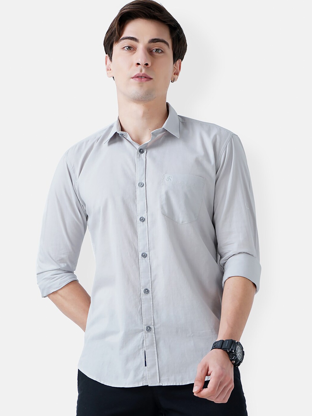 

SORATIA Men Grey Slim Fit Casual Roll-Up Sleeves Shirt