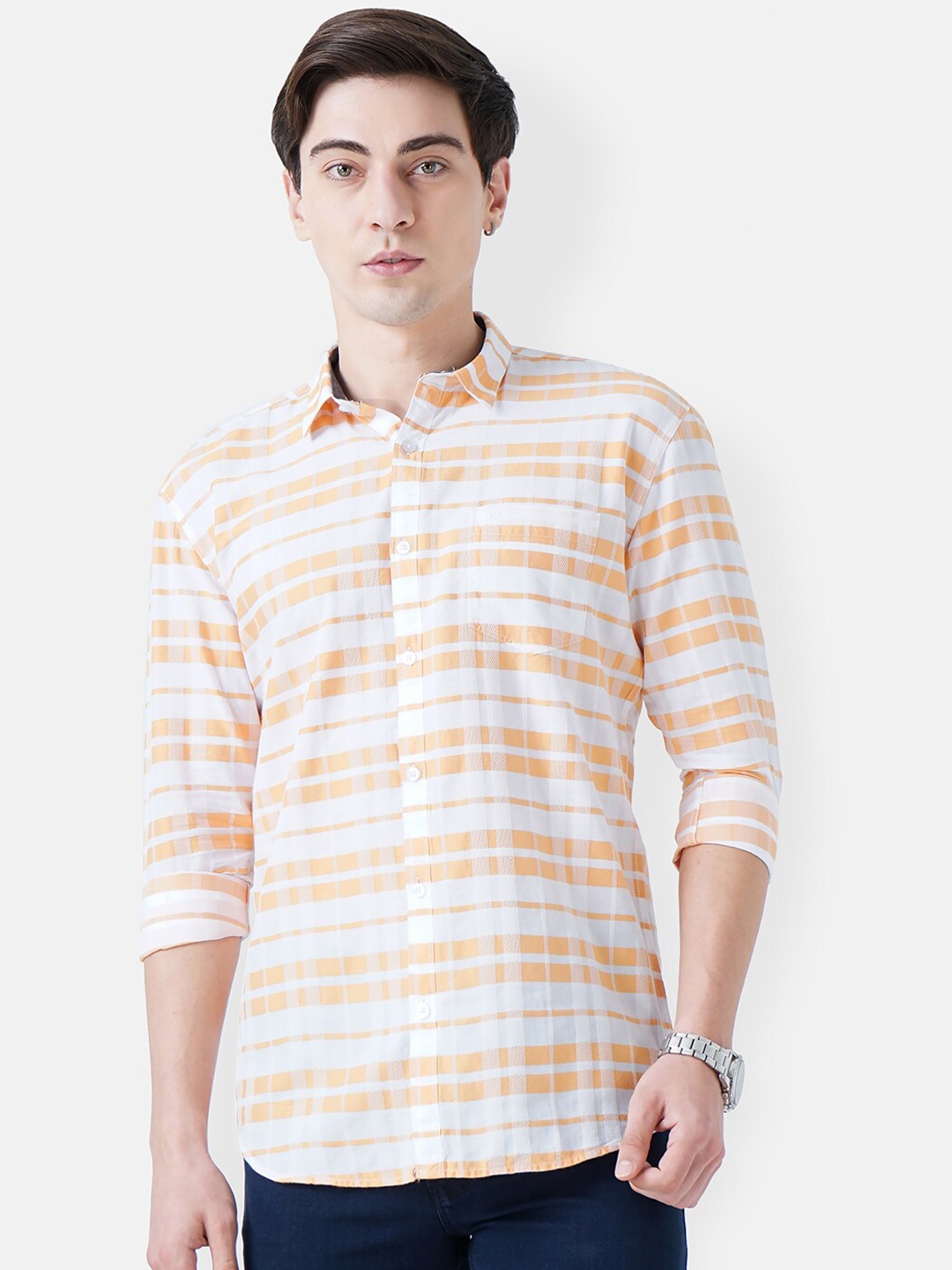 

SORATIA Men Orange & White Slim Fit Striped Casual Shirt