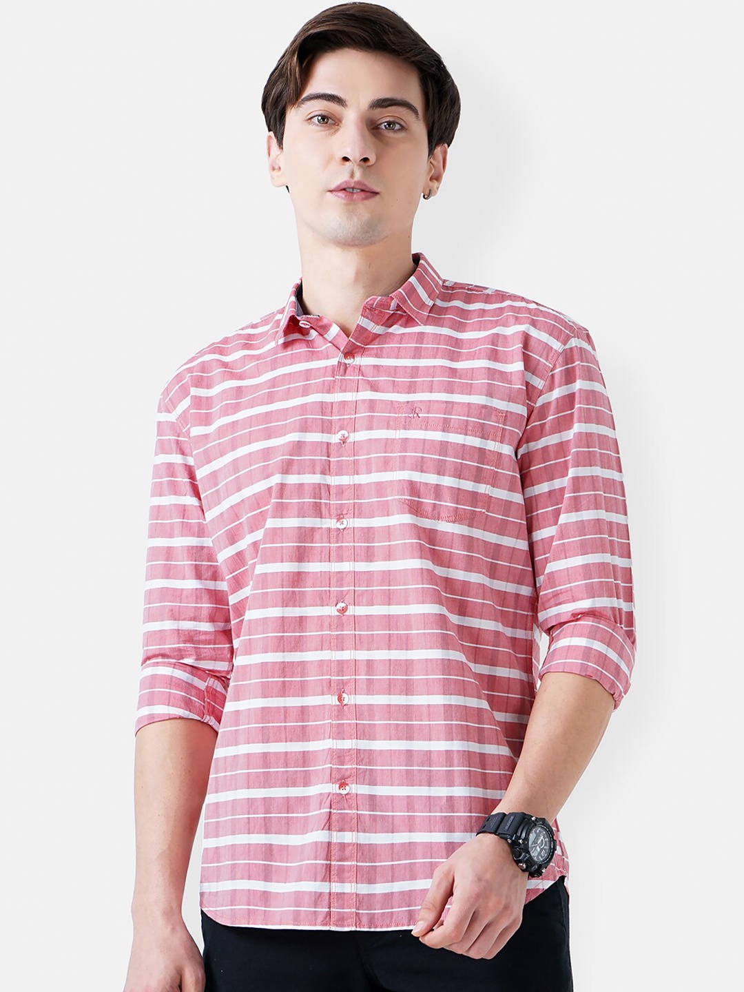 

SORATIA Men Pink Slim Fit Horizontal Striped Casual Shirt