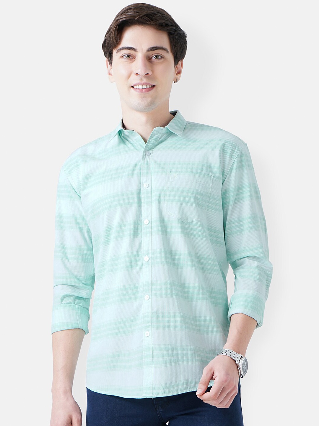 

SORATIA Men Green Slim Fit Striped Casual Shirt