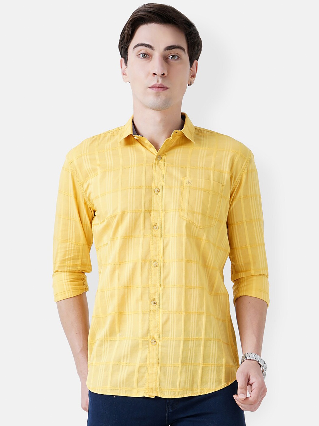 

SORATIA Men Yellow Slim Fit Checked Casual Shirt
