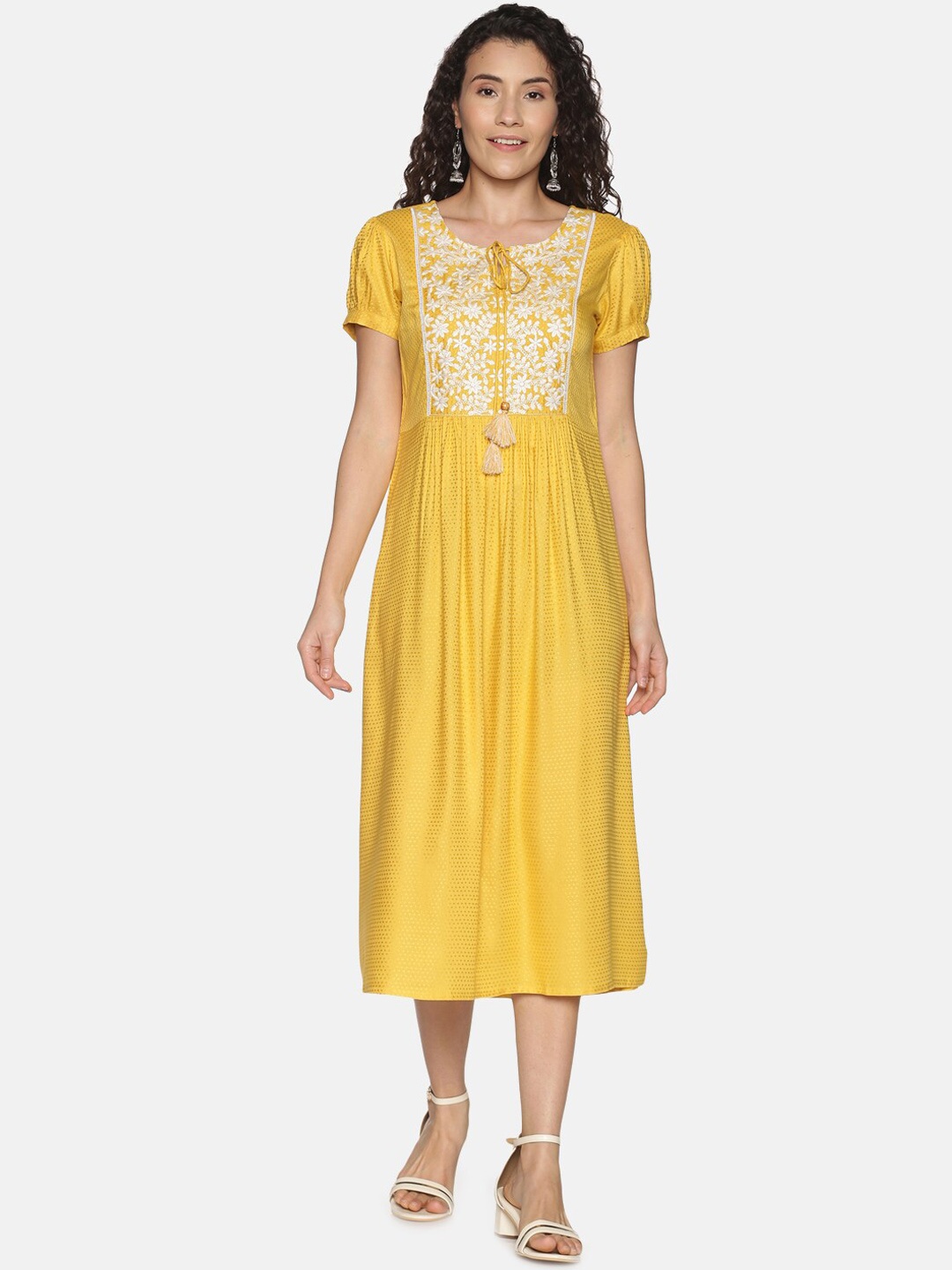 

Saffron Threads Women Yellow Self Design Lucknowi Chikankari Embroidered Yoke Midi Dress
