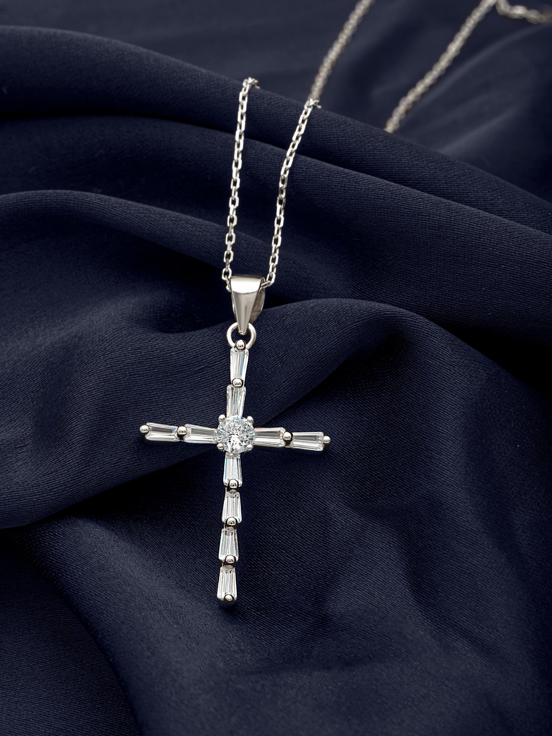 

SILBERRY Rhodium-Plated 925 Sterling Silver CZ Studded Layered Cross Pendant