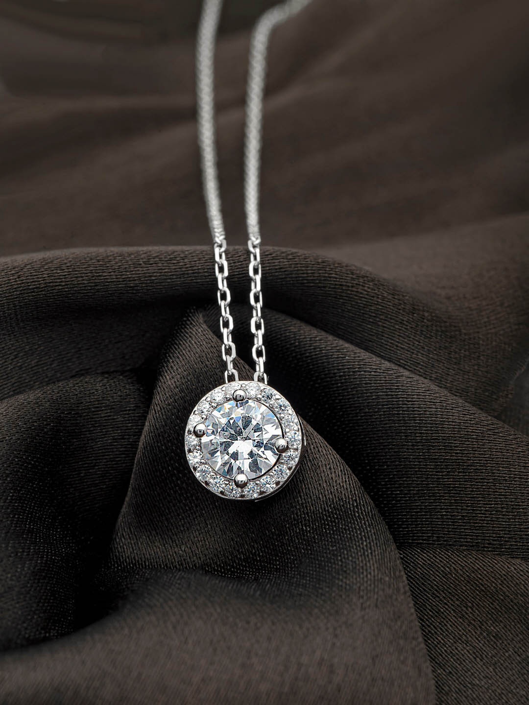 

SILBERRY 925 Sterling Silver Rhodium Plated White CZ-Studded Circular Pendant