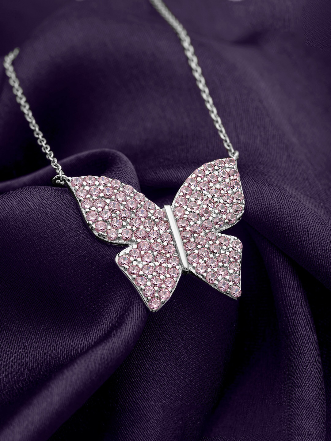 

SILBERRY Rhodium-Plated 925 Sterling Silver Pink CZ Studded Butterfly Pendant With Chain