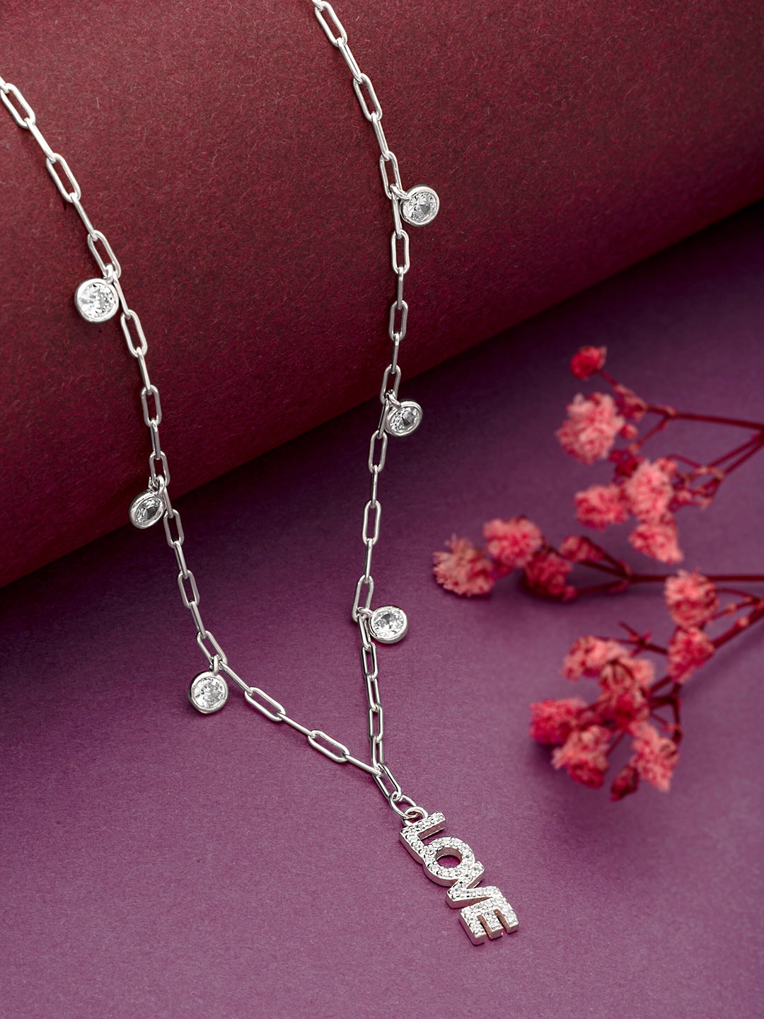 

SILBERRY Rhodium-Plated CZ-Studded Love Letter Necklace, Silver