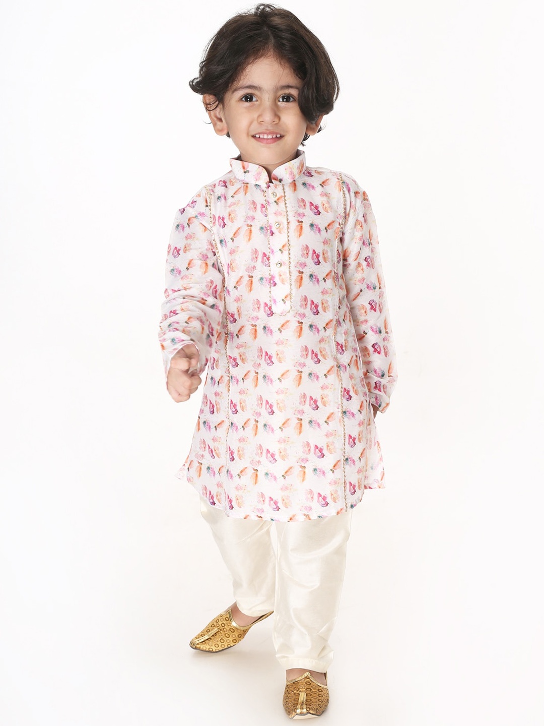 

VASTRAMAY SISHU Boys White & Pink Quirky Printed Regular Kurta