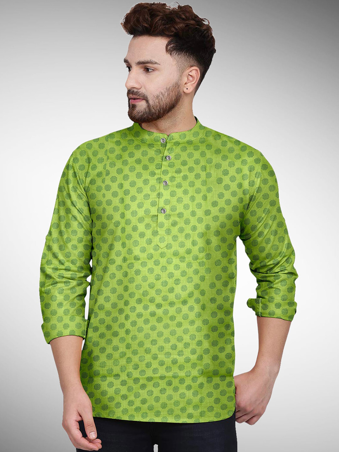 

Fashion FRICKS Men Green Geometric Printed Thread Work Jacquard Kurta